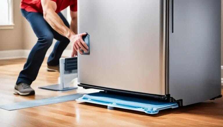 Person sliding a blue appliance moving mat under a steel refrigerator.